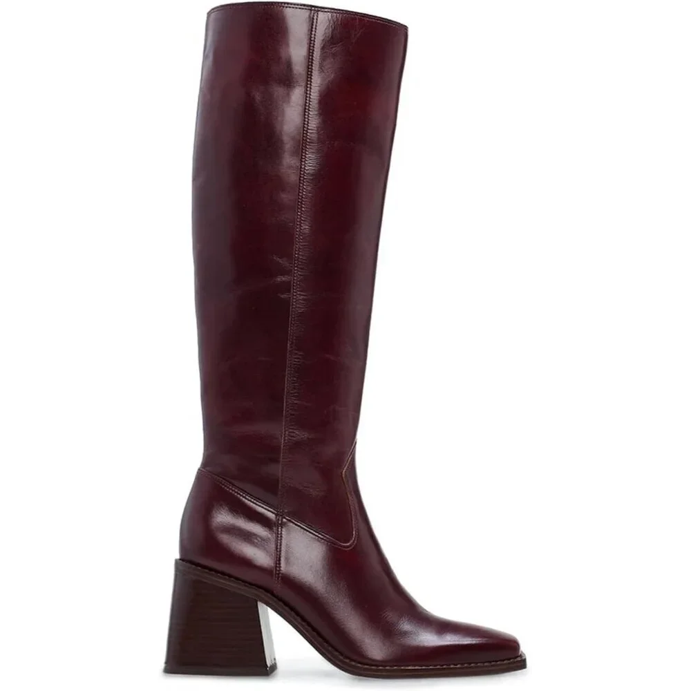 Women Burgundy Polyurethane Knee High Side Zipper Square Toe Block Heel Boots